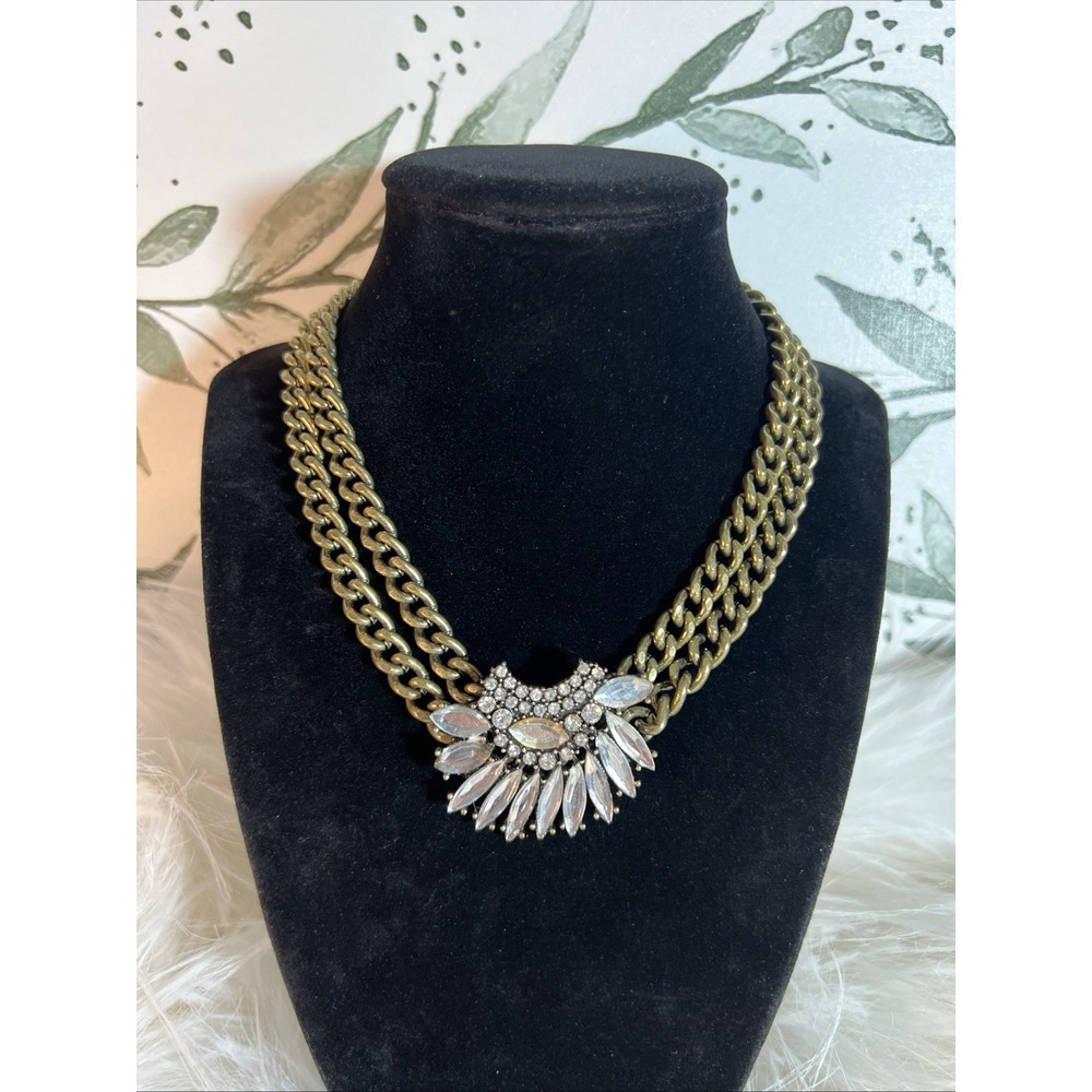 Vintage Womens Bronce Tone Double Chain Rhinestone Front Statement Necklace - Picture 7 of 12